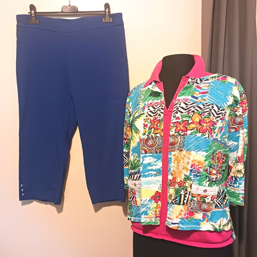 Onque Petite‎ vacation cruise  3pc Tropical Top PXL Pink PL Blue Crop Pants 8P